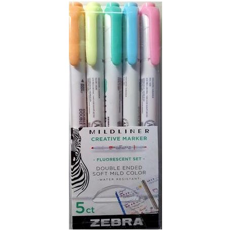 ZEBRA Szövegkiemelő készlet, 1,4/4,0 mm, kétvégű, ZEBRA "Mildliner Fluorescent", 5 szín