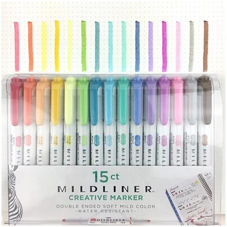 ZEBRA Szövegkiemelő készlet, 1,4/4 mm, kétvégű, ZEBRA "Mildliner Highlighter", 15 különböző szín