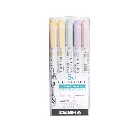 ZEBRA Szövegkiemelő készlet, 1,4/4 mm, kétvégű, ZEBRA "Mildliner Highlighter Gentle", 5 különböző szín