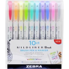   ZEBRA Ecsetirón készlet, 0,5/0,7 mm, kétvégű, ZEBRA "Mildliner Brush&Marker", 10 különböző szín