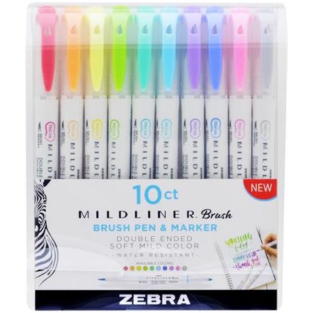 ZEBRA Ecsetirón készlet, 0,5/0,7 mm, kétvégű, ZEBRA "Mildliner Brush&Marker", 10 különböző szín