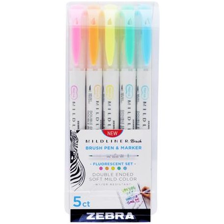 ZEBRA Ecsetirón készlet, kétvégű ZEBRA "Mildliner Fluorescent", 5 szín