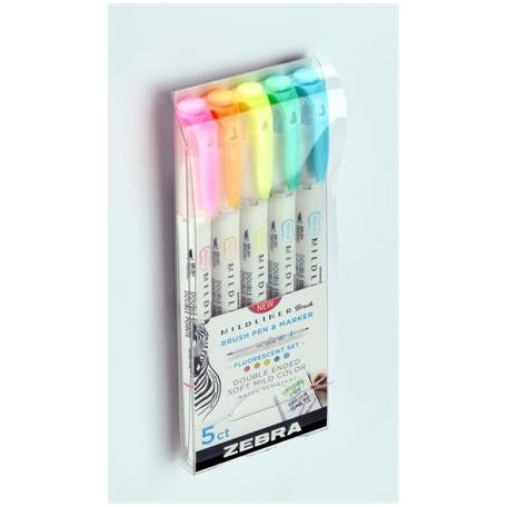 ZEBRA Ecsetirón készlet, kétvégű ZEBRA "Mildliner Fluorescent", 5 szín