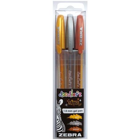 ZEBRA Zseléstoll készlet, 0,33 mm, kupakos, ZEBRA "Doodler'z Glitter", 3 különböző szín