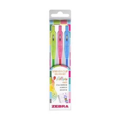 ZEBRA Zseléstoll készlet, 0,33 mm, nyomógombos, ZEBRA "Sarasa Clip Lollipop", 3 különböző szín