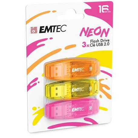 EMTEC Pendrive, 16GB, 3 db, USB 2.0, EMTEC "C410 Neon", narancs, citromsárga, rózsaszín