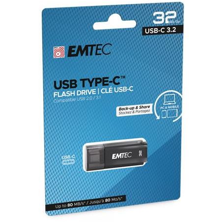 EMTEC Pendrive, 32GB, USB-C 3.2, EMTEC "D400 Type-C", fekete