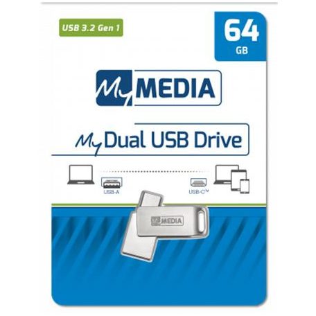 MYMEDIA Pendrive, 64GB, USB 3.2 Gen1 + USB-C, alumínium ház, MYMEDIA "Dual" (by VERBATIM)