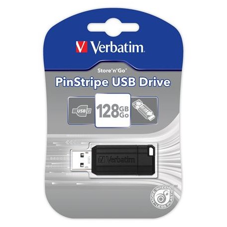 VERBATIM Pendrive, 128GB, USB 2.0, 10/4MB/sec, VERBATIM "PinStripe", fekete
