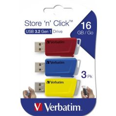   VERBATIM Pendrive, 3 x 16GB, USB 3.2, 80/25MB/sec, VERBATIM "Store n Click", piros, kék, sárga