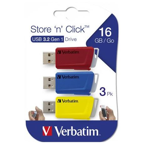 VERBATIM Pendrive, 3 x 16GB, USB 3.2, 80/25MB/sec, VERBATIM "Store n Click", piros, kék, sárga