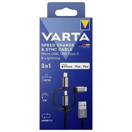 VARTA USB kábel, 3-az-1-ben USB A–Light/Micro/C, 2m, VARTA