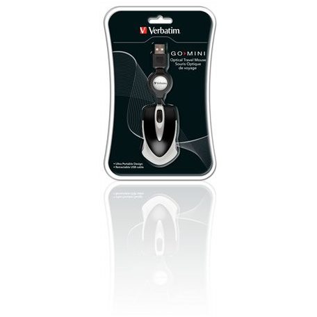 VERBATIM Egér, vezetékes, optikai, kisméret, USB, VERBATIM "Go Mini", ezüst-fekete