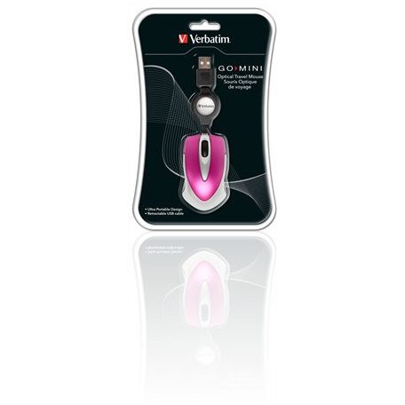VERBATIM Egér, vezetékes, optikai, kisméret, USB, VERBATIM "Go Mini", ezüst-ciklámen